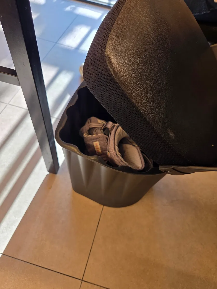 Seat with lid open for storing bags