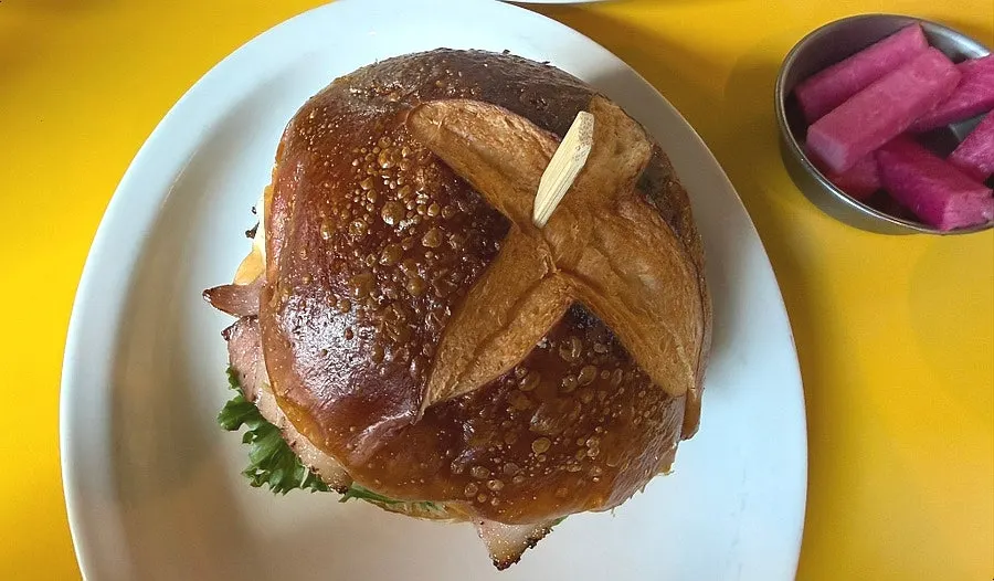 Cross-section of the burger with bacon and pineapple