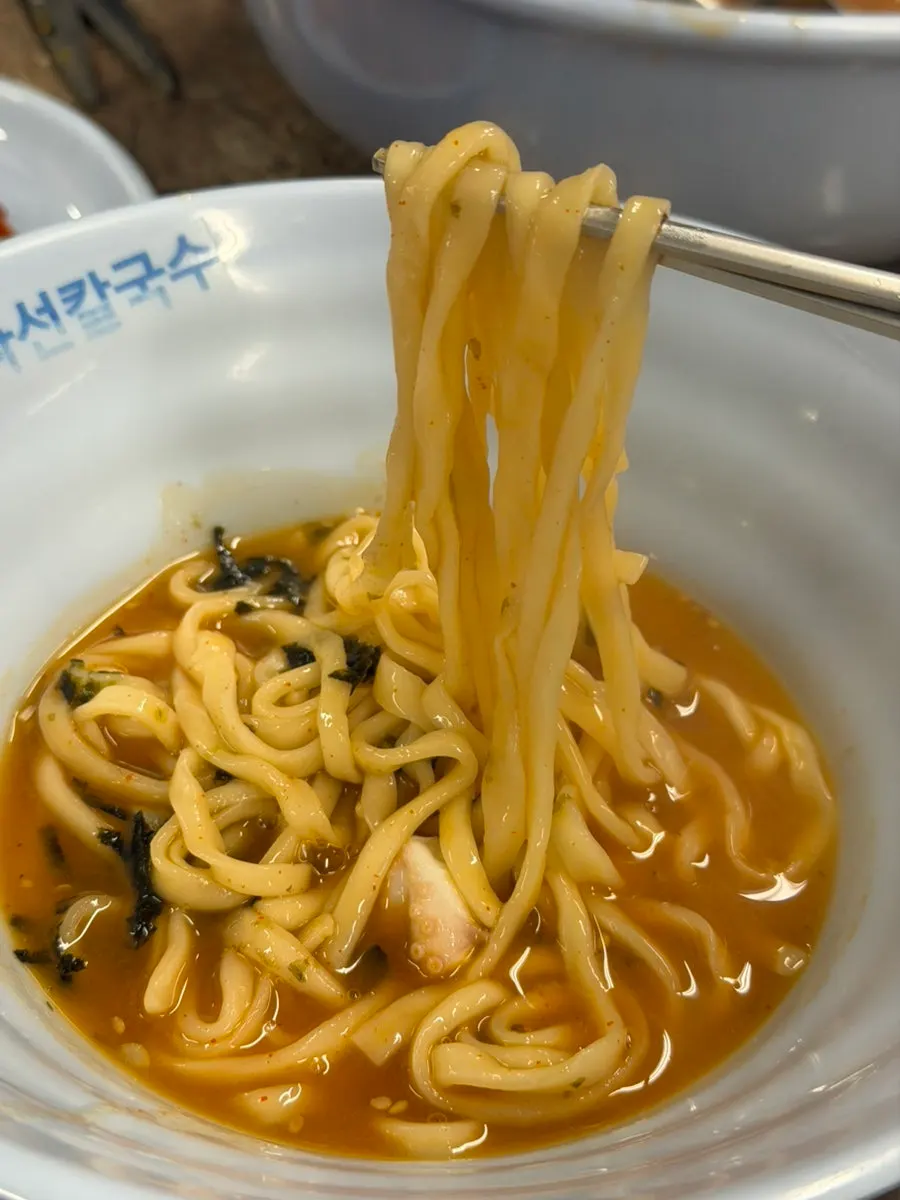 도톰하고 넓적한 칼국수 면발 클로즈업