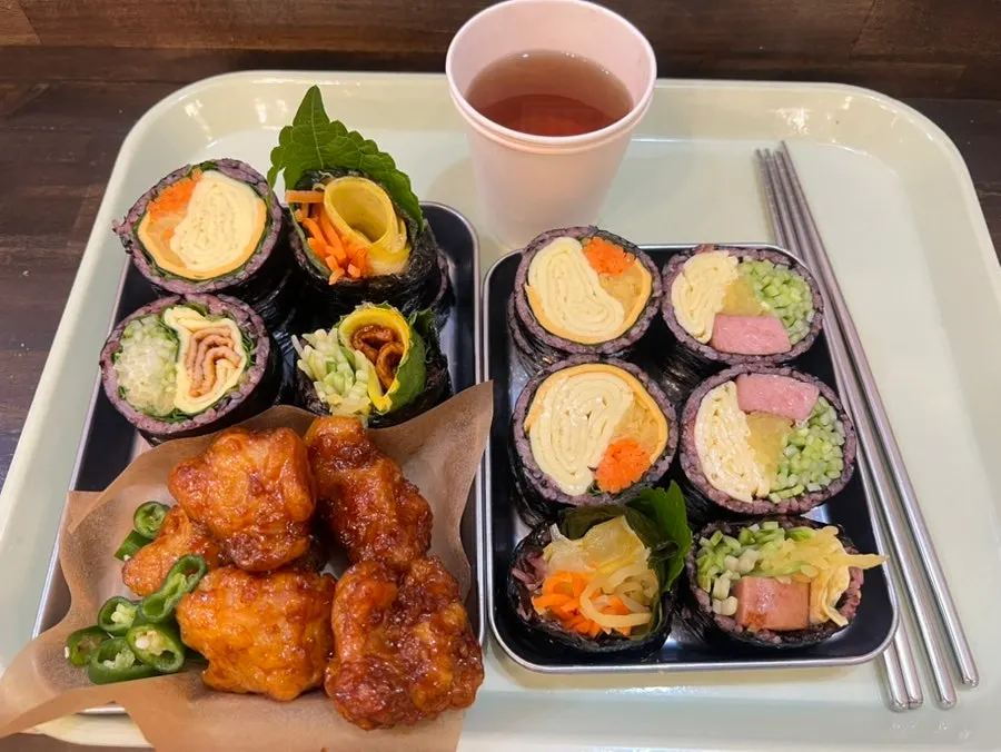 Double-cheese egg gimbap and dakgangjeong set