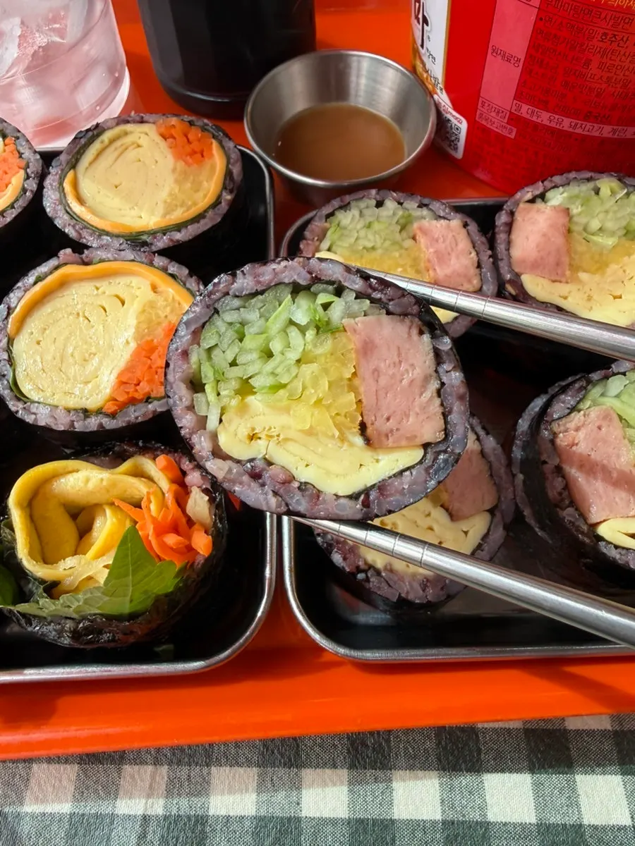 Cross-section of gimbap packed with filling