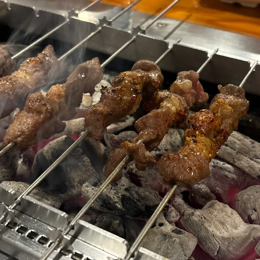 Grill with remaining lamb skewers cooking