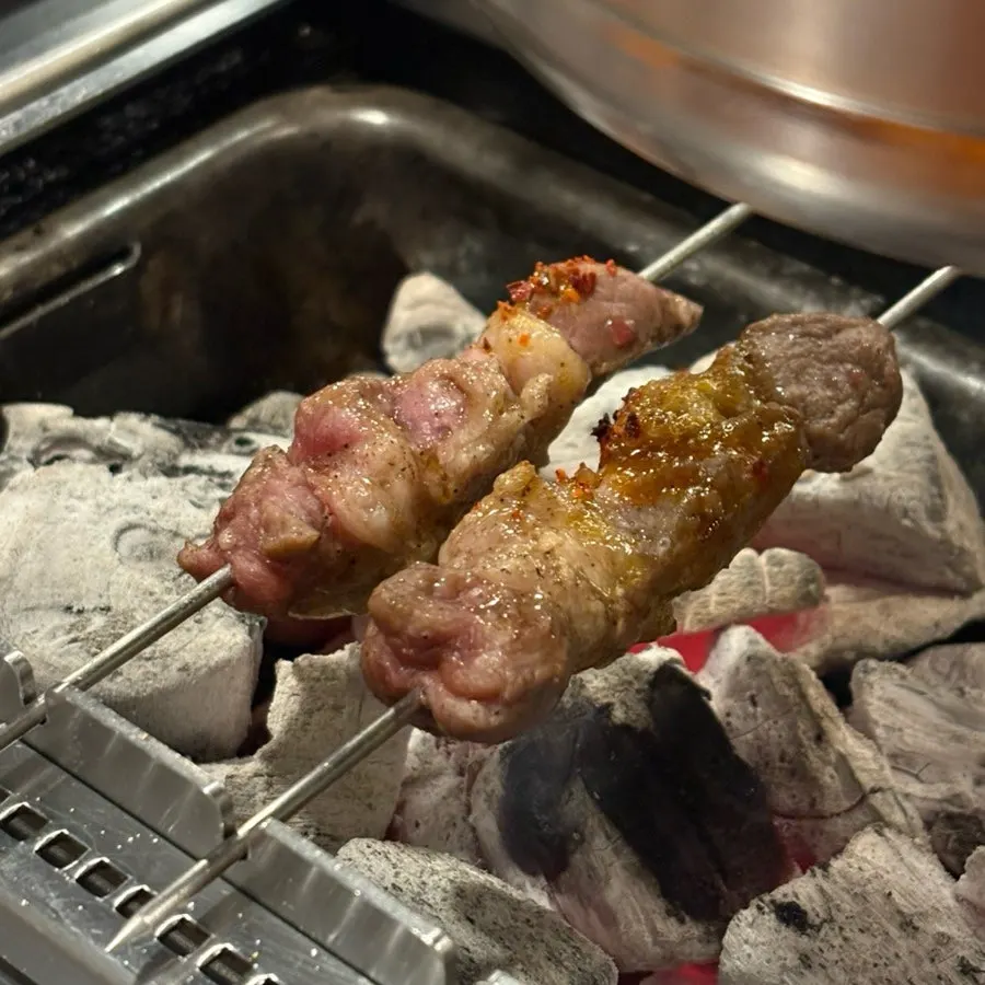 Close-up of well-cooked lamb sirloin skewer