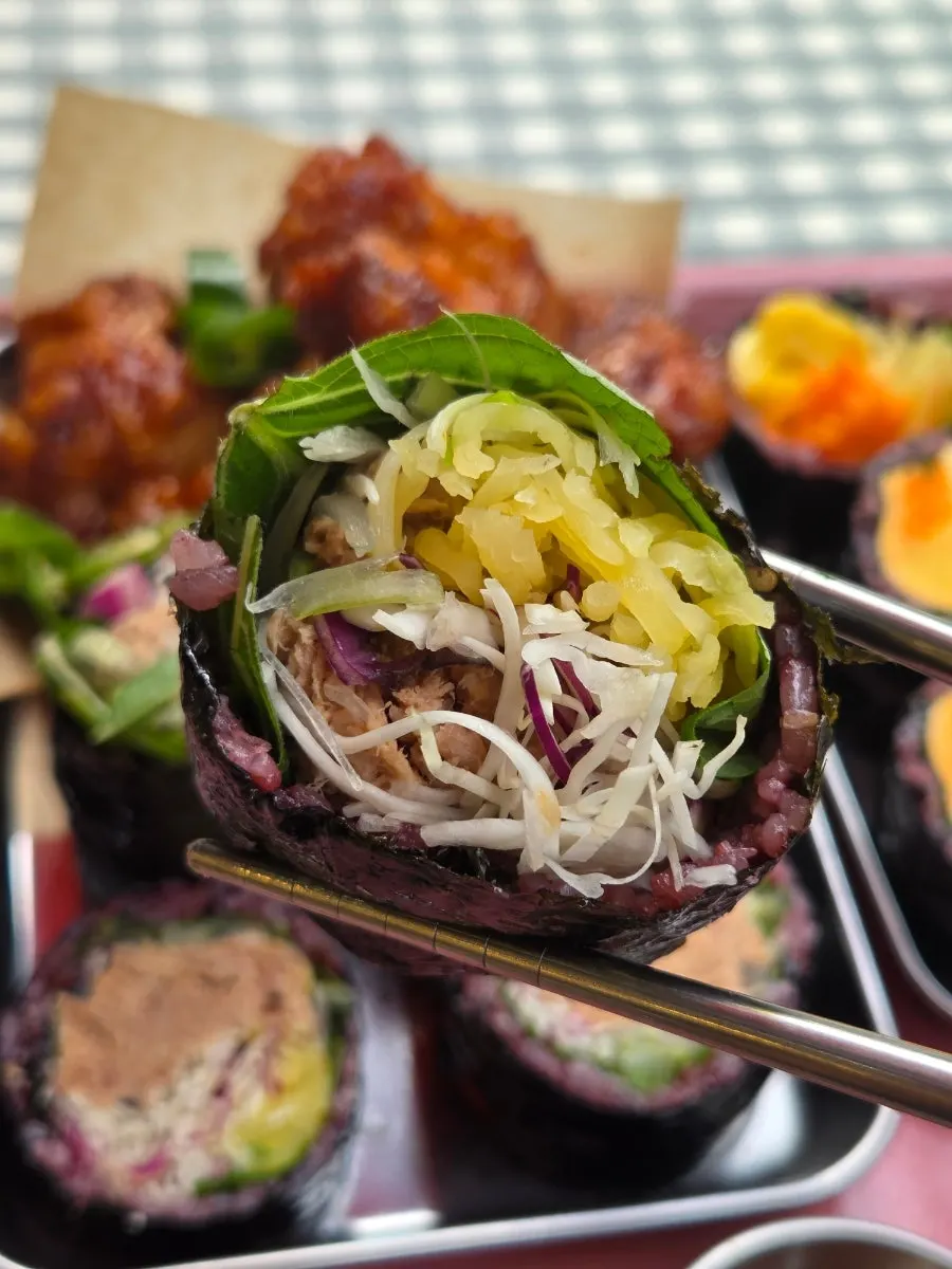 Close-up of Jindo scallion tuna gimbap