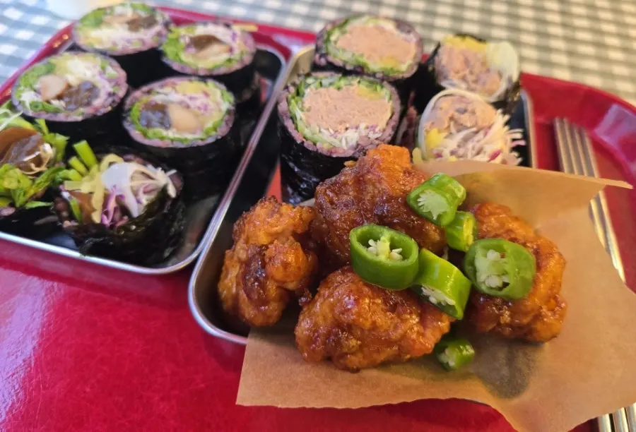 Jindo Green Onion Tuna Gimbap and dakgangjeong set laid out