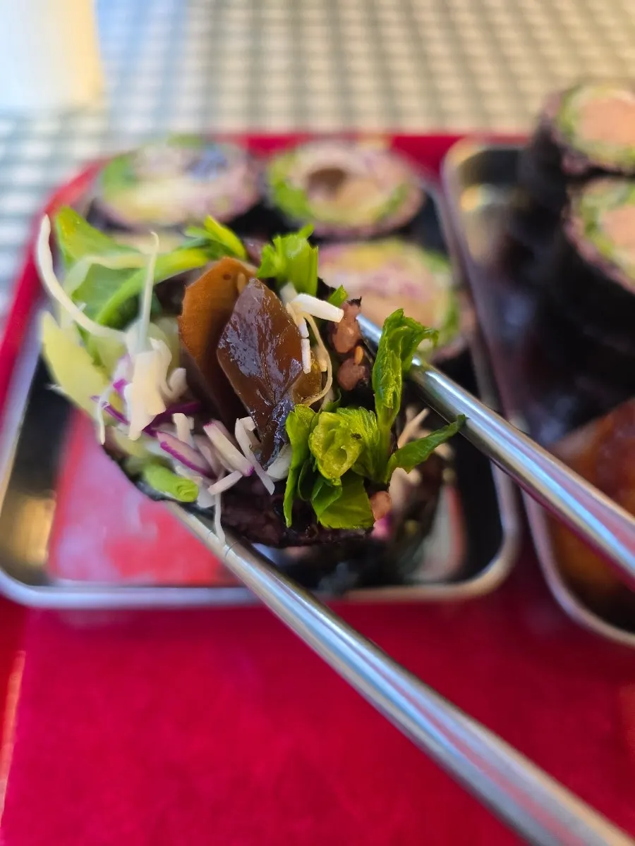 Cross-section of Konjac Water-Parsley Gimbap showing water parsley