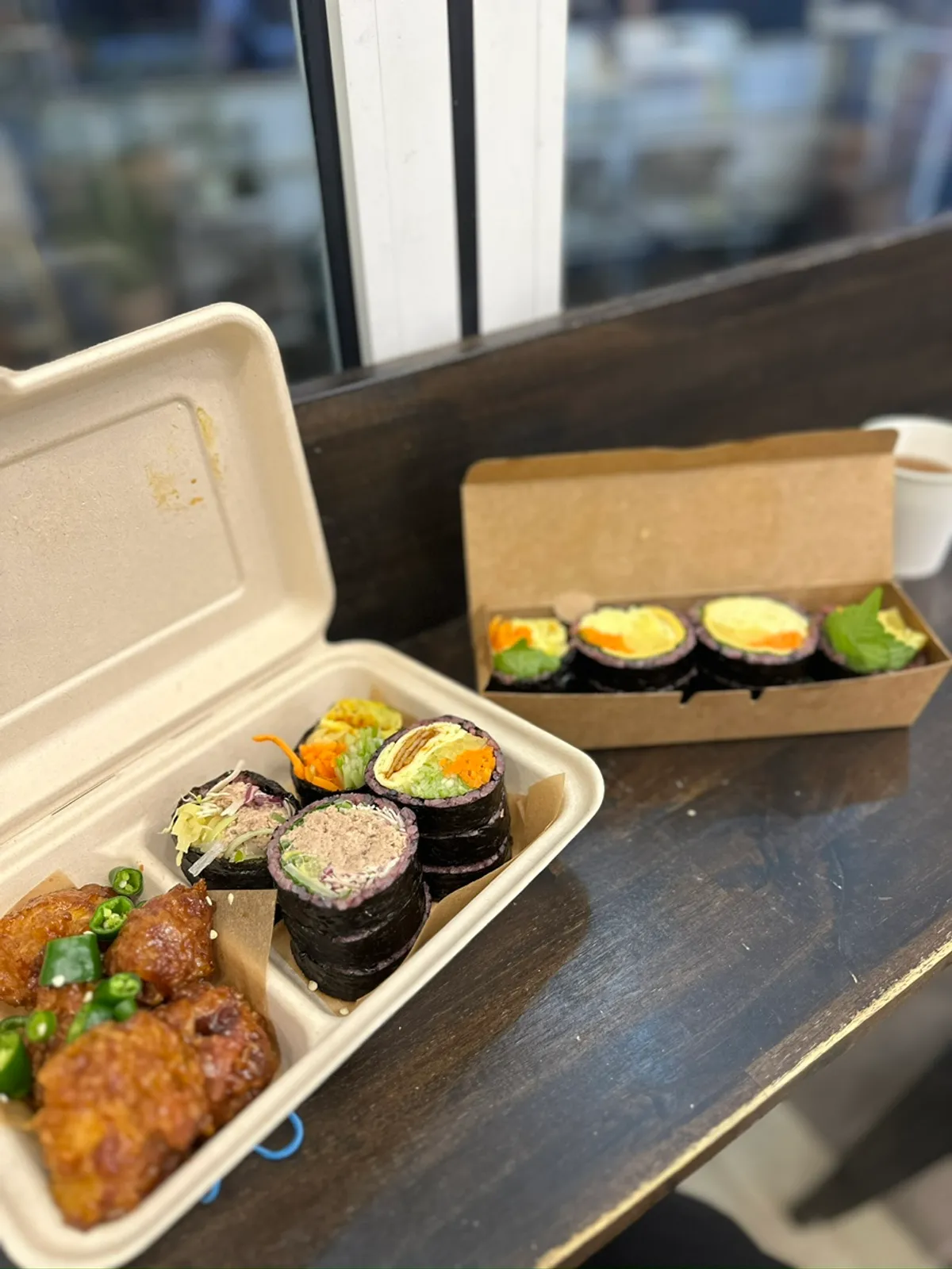 Halls Gimbap half-and-half set with a roll of gimbap laid out
