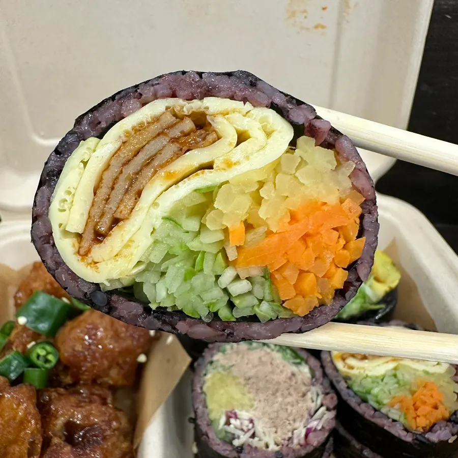 Cross-section of Halls gimbap with stir-fried fish cake