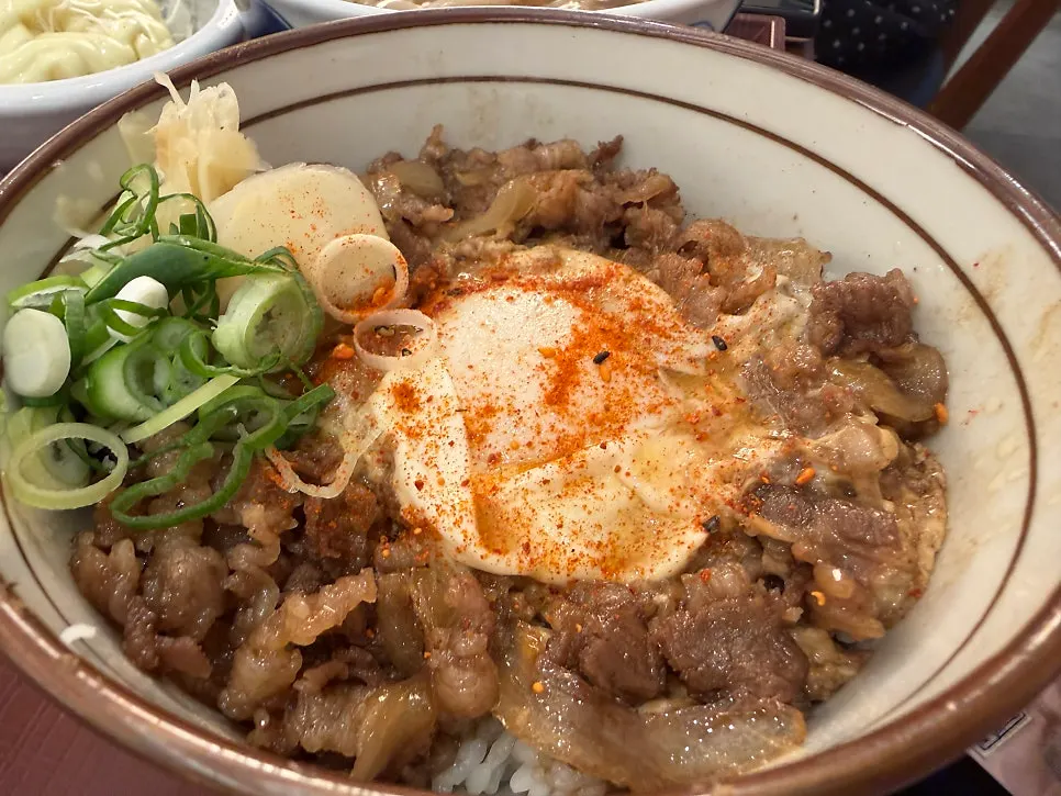 Gyudon set topped with sweet and savory seasoned meat