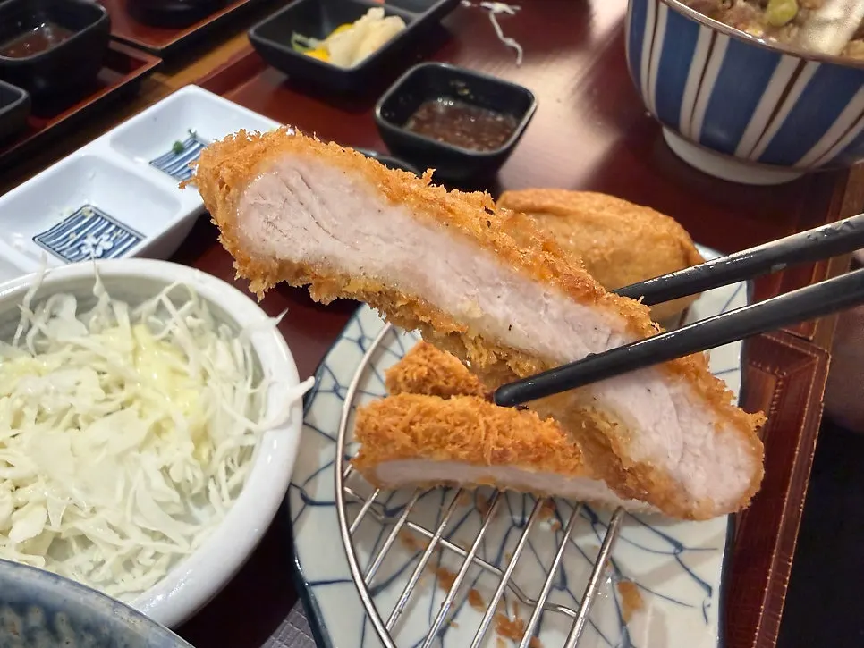 Cross-section of the crispy breading on the half-and-half tonkatsu