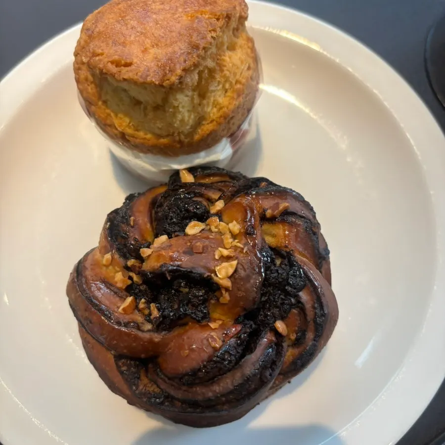Close-up of dessert and latte on the table