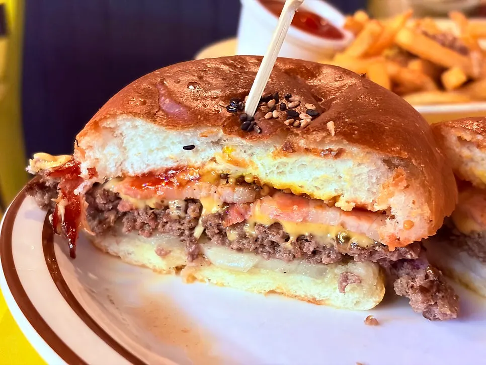 Burger with smoked bacon and a Korean beef patty