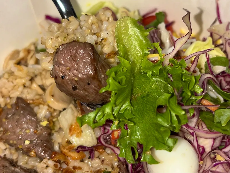 Bibim poke with cubes of flame-grilled steak