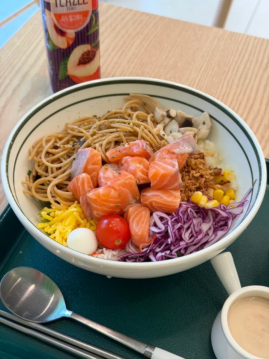 Close-up of raw salmon bibim poke with extra salmon added