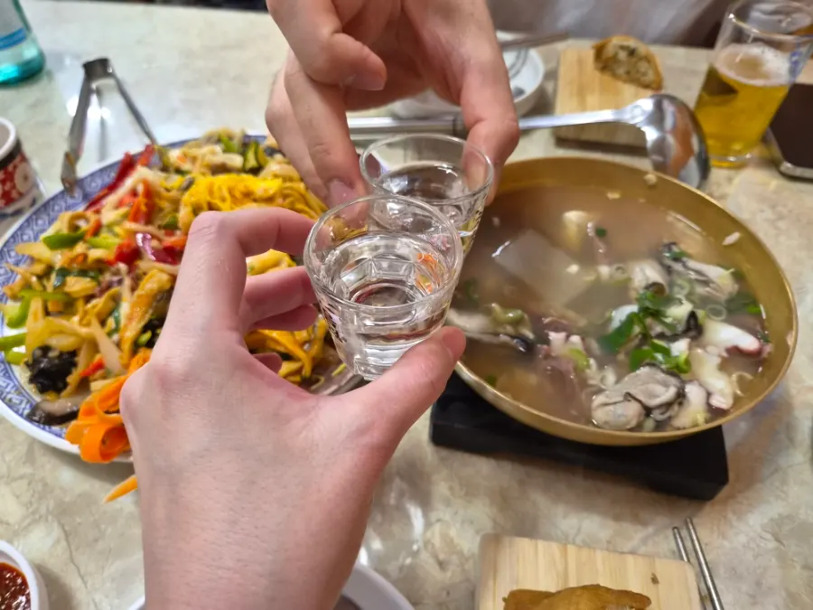 Soju glass alongside the yangjangpi side dish