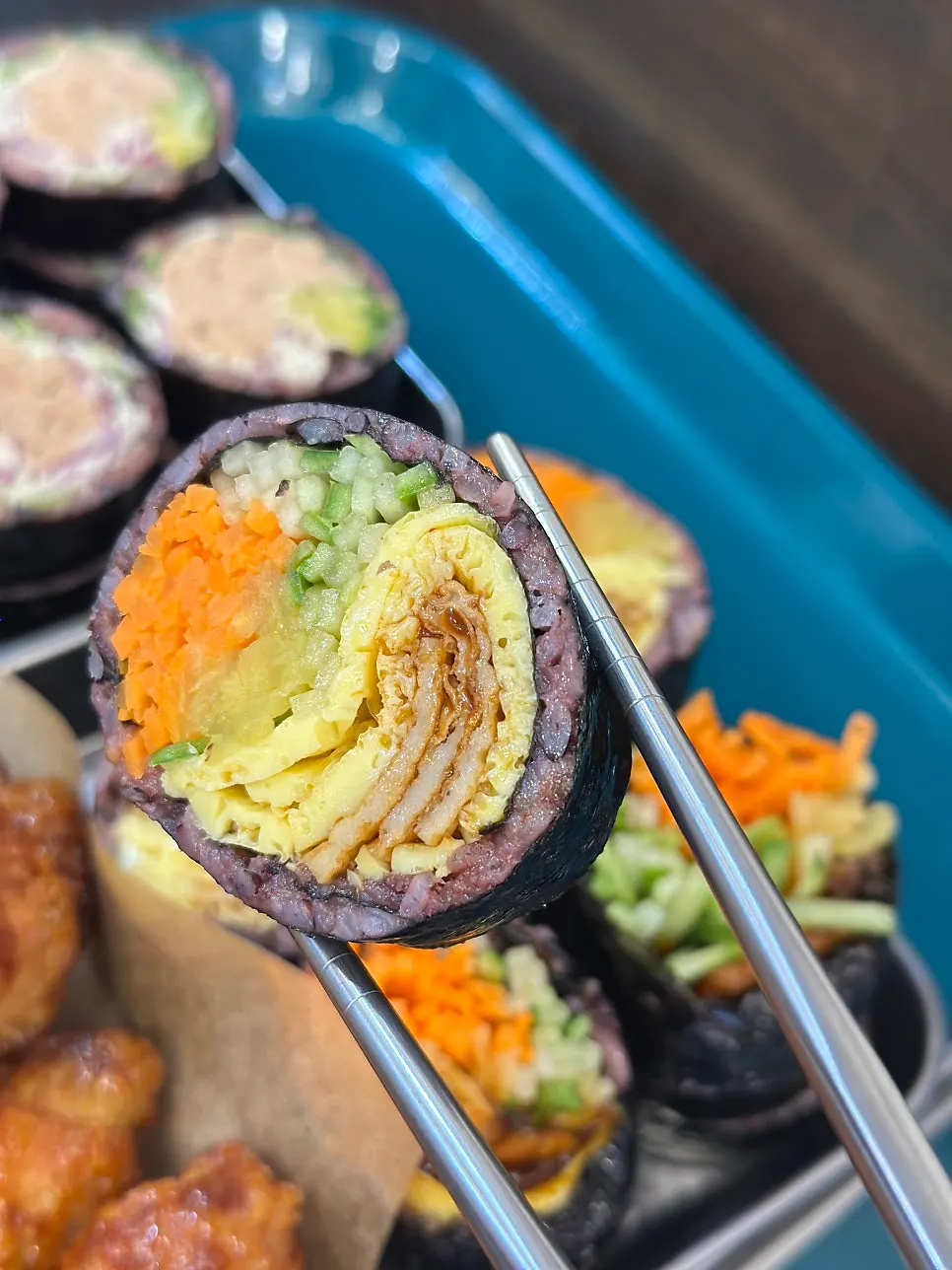Cross-section of Halls Gimbap with spicy fish cake
