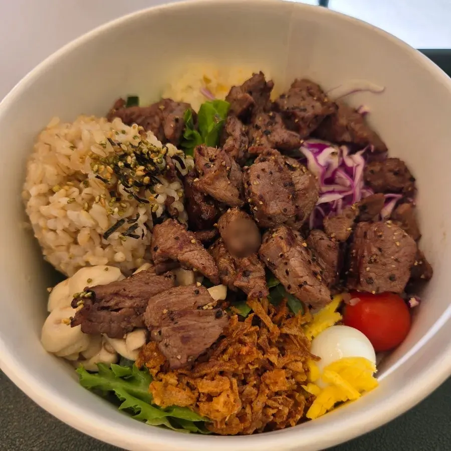 Grilled steak bibim poke with an iced americano