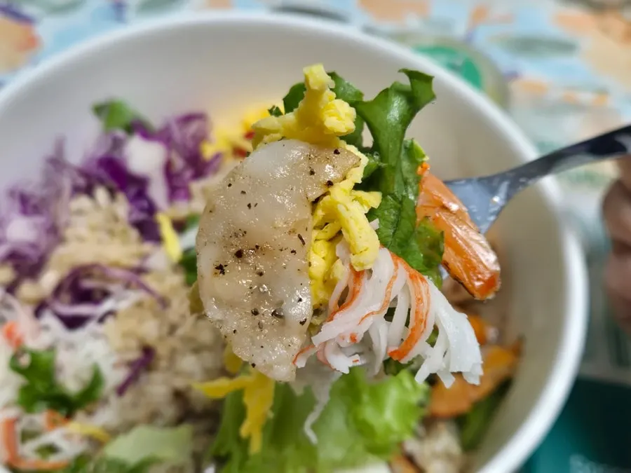 Bibim poke topped with thick-cut scallops