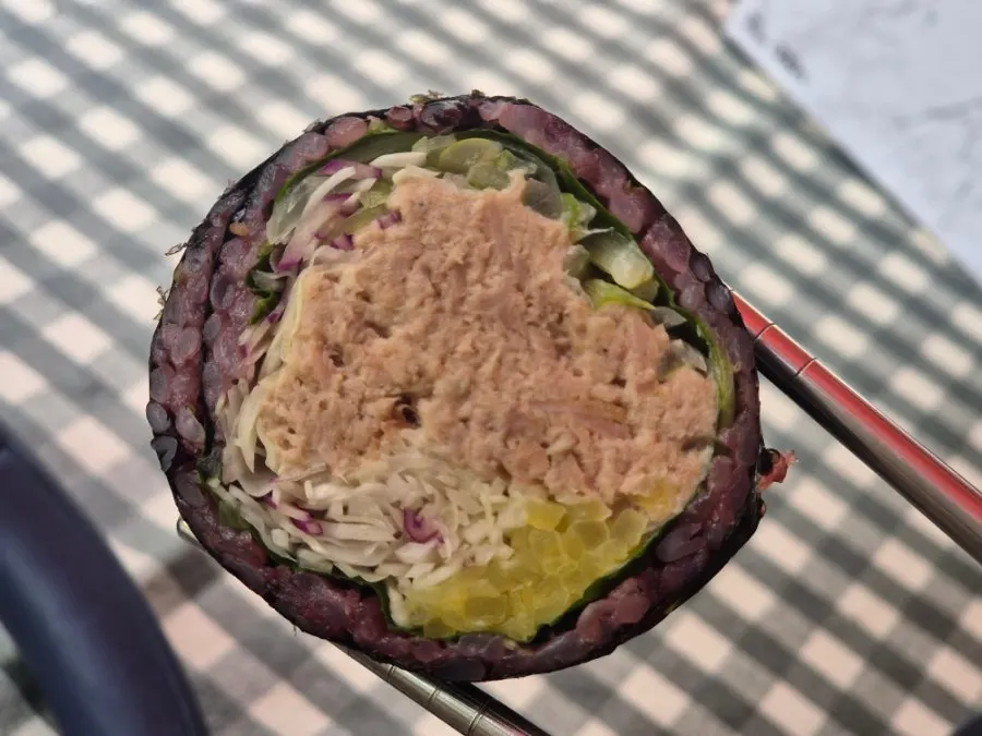 Cross-section of double-cheese egg gimbap