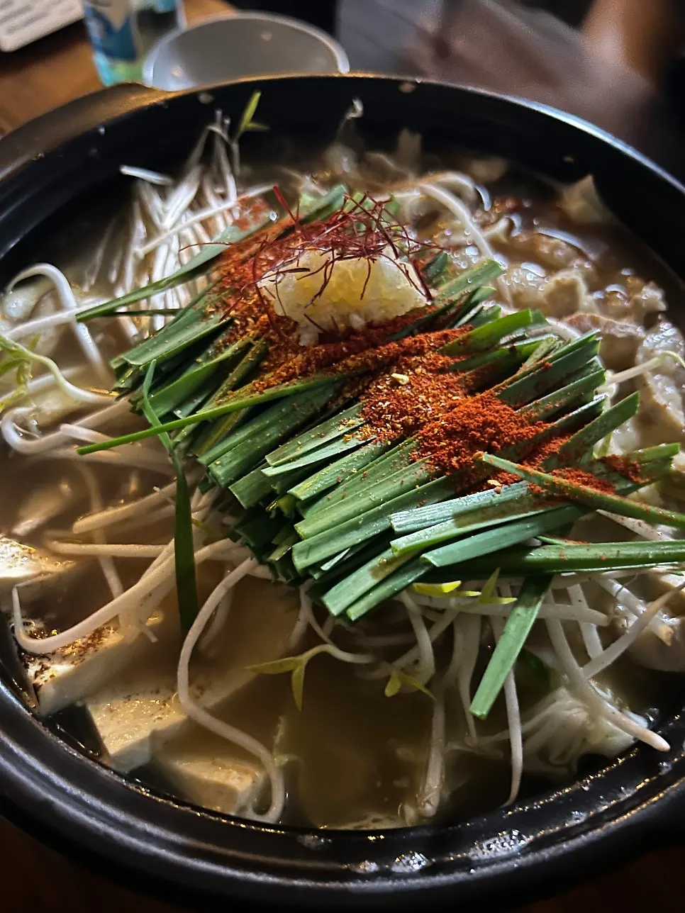 Gyodong Nakwon's motsunabe with beef intestine, bean sprouts and chives