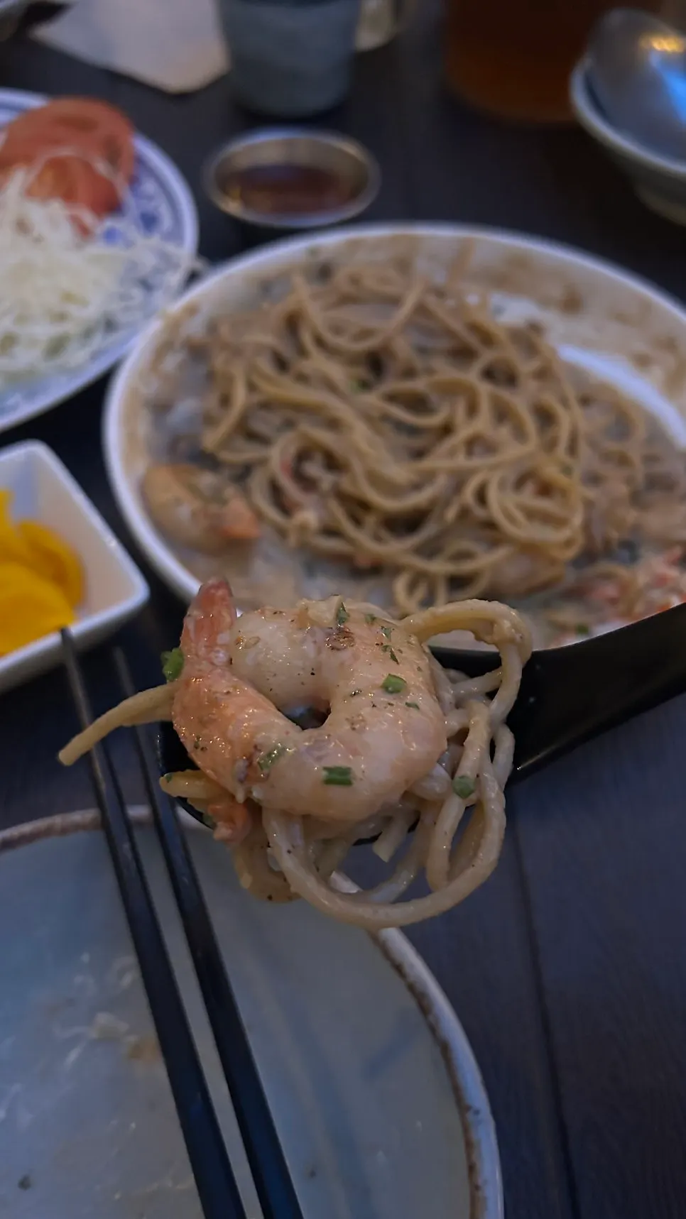 Crab tomalley pasta after being mixed together