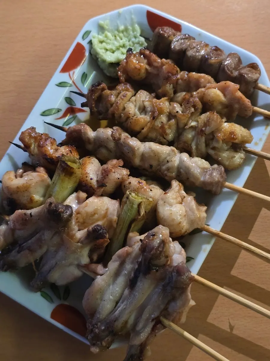 Yakitori skewers served with wasabi