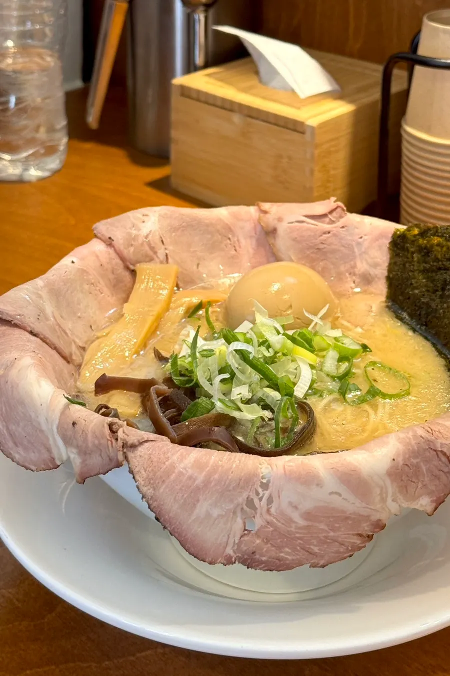 Close-up of iekei ramen's thick noodles
