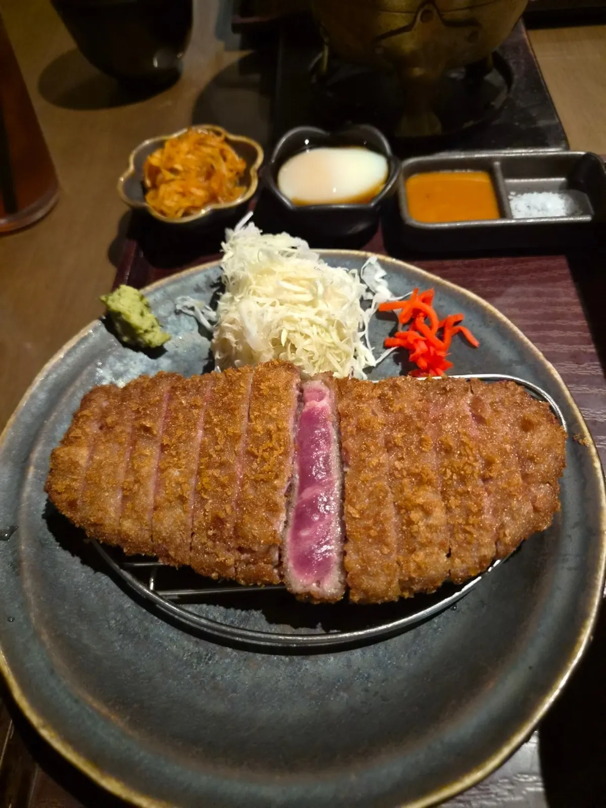 Personal brazier on the table with a gyukatsu set