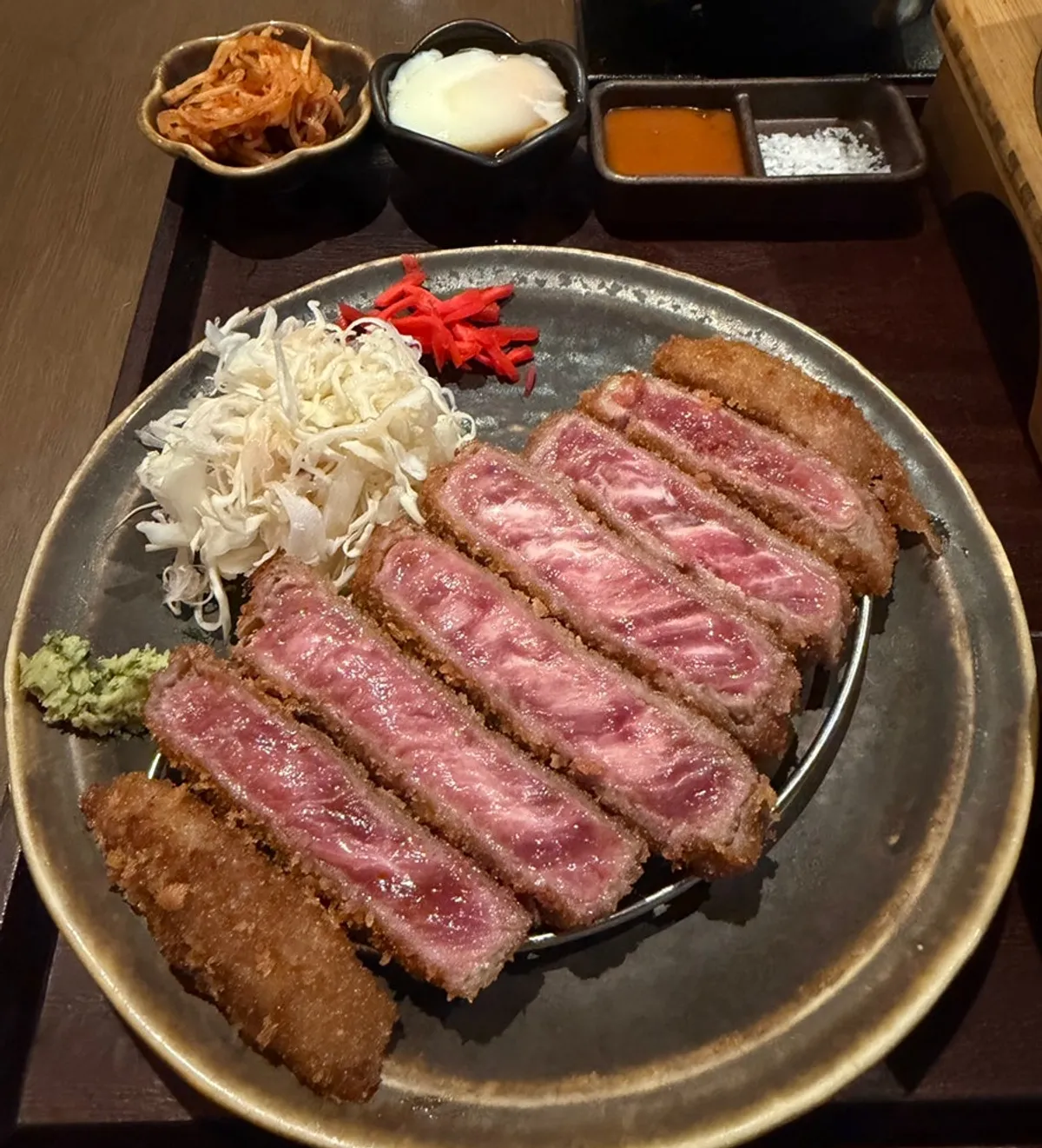 Full spread of the hire gyukatsu (tenderloin) set