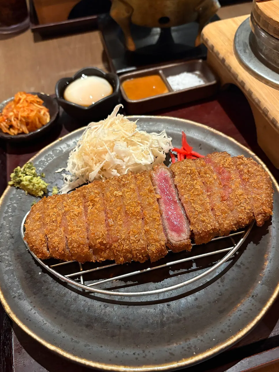 Close-up of the crispy breading on the gyukatsu