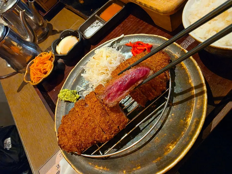 Close-up of marbled gyukatsu meat