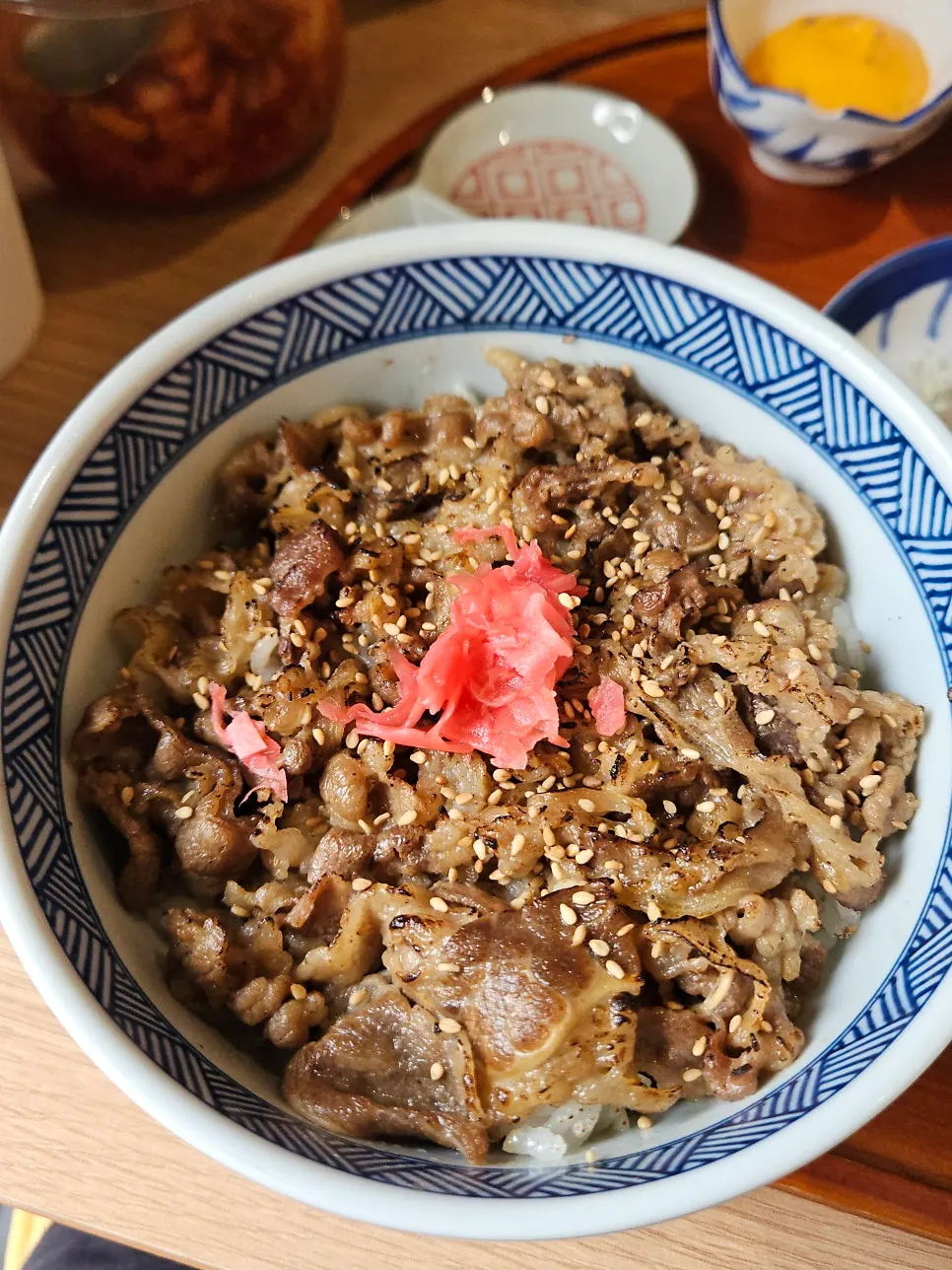 Close-up of seasoned beef gyudon