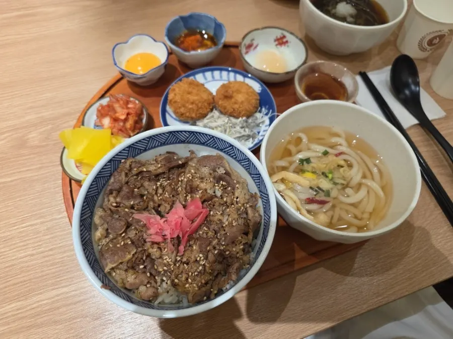 Gyudon set with tare sauce beef on rice