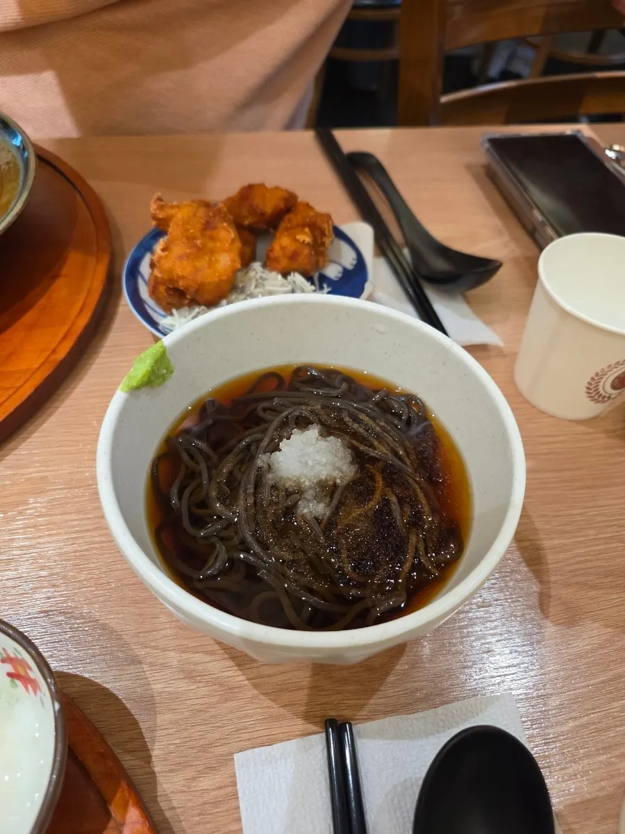 Mini mori soba and karaage side dishes