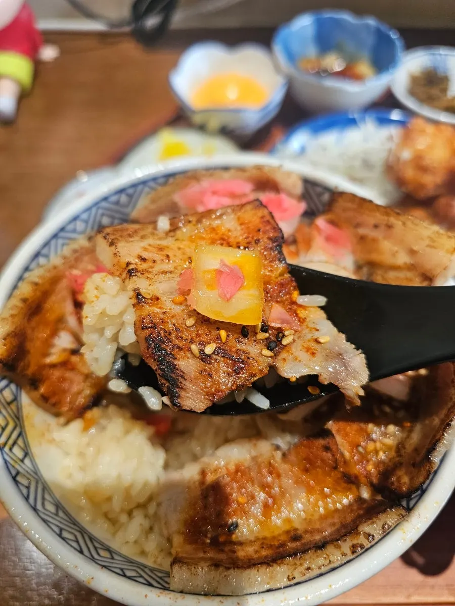 Close-up of the smoky, charred gyudon beef