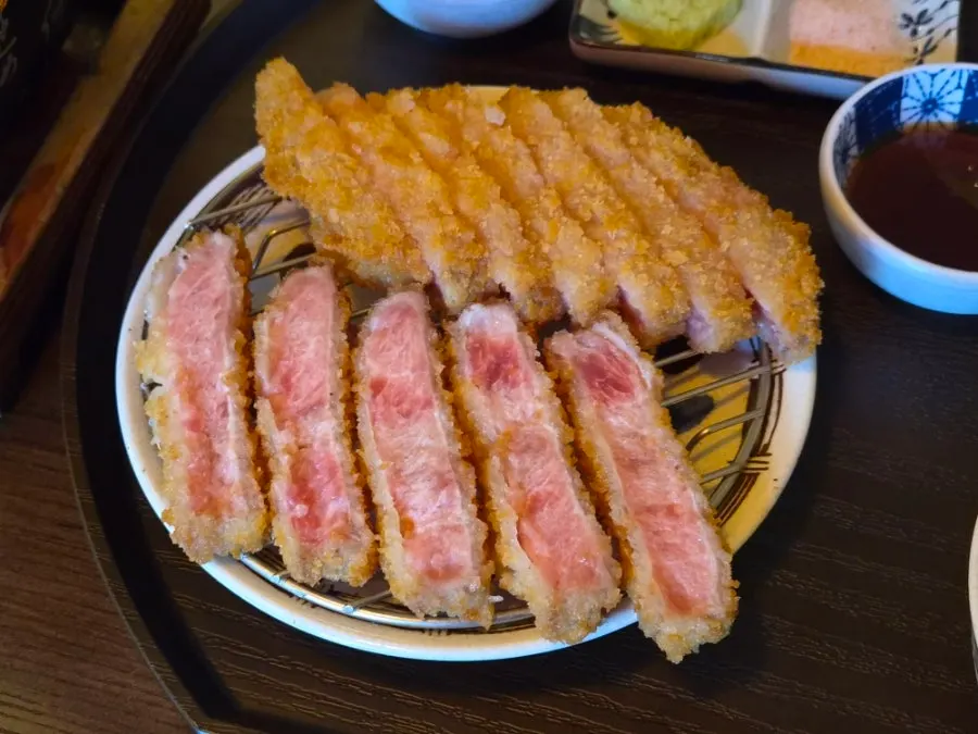 Plate of sirloin gyukatsu showing the cross-section