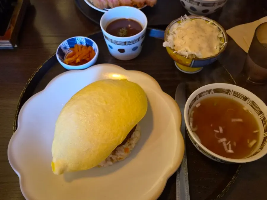 Hamburger steak omurice with a smooth egg omelette