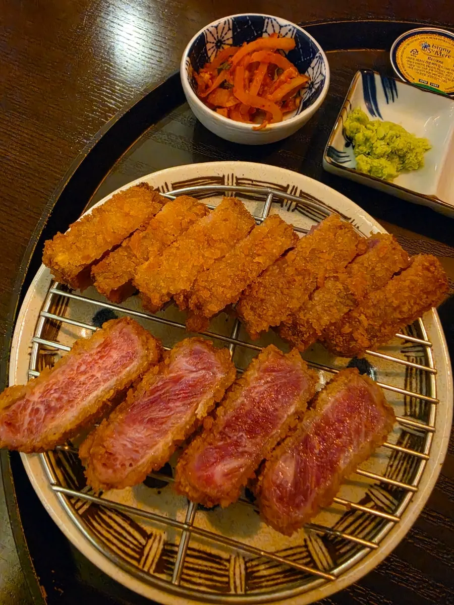 Cross-section of tenderloin gyukatsu showing its marbling