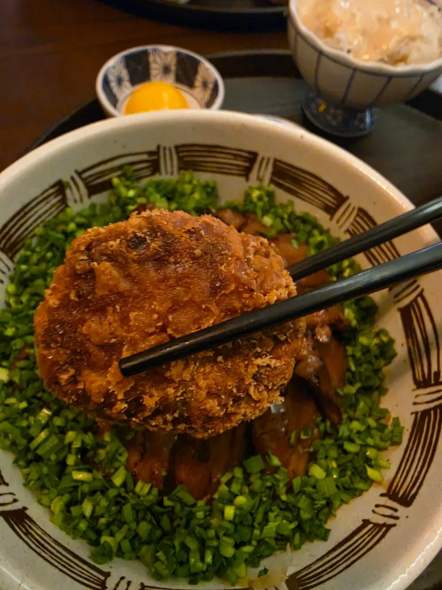 Steak and green onion on top of the steki rice bowl