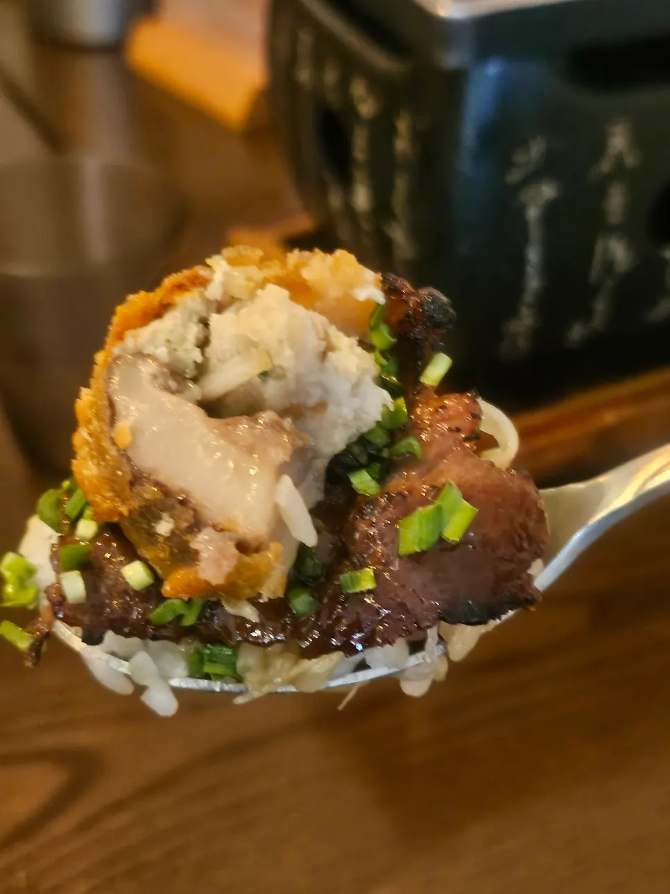 Spoonful of meat-topped steki rice bowl