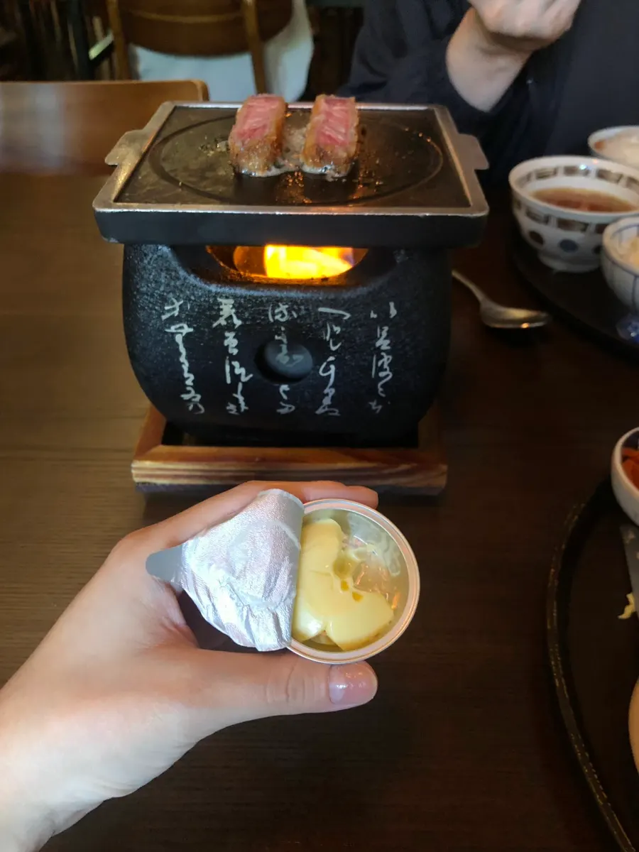 Grilling gyukatsu on a personal tabletop burner