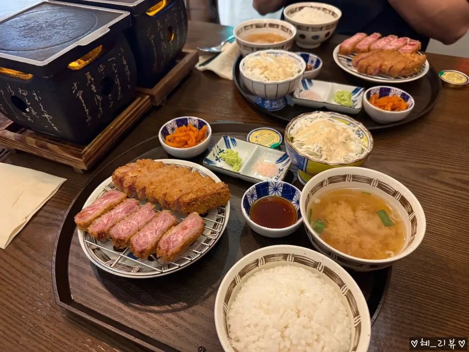 Full gyukatsu set with rice, soup, salad, and sauce