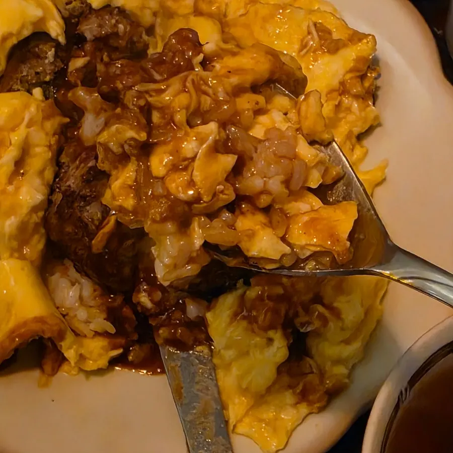 Hamburg steak topped with egg over rice
