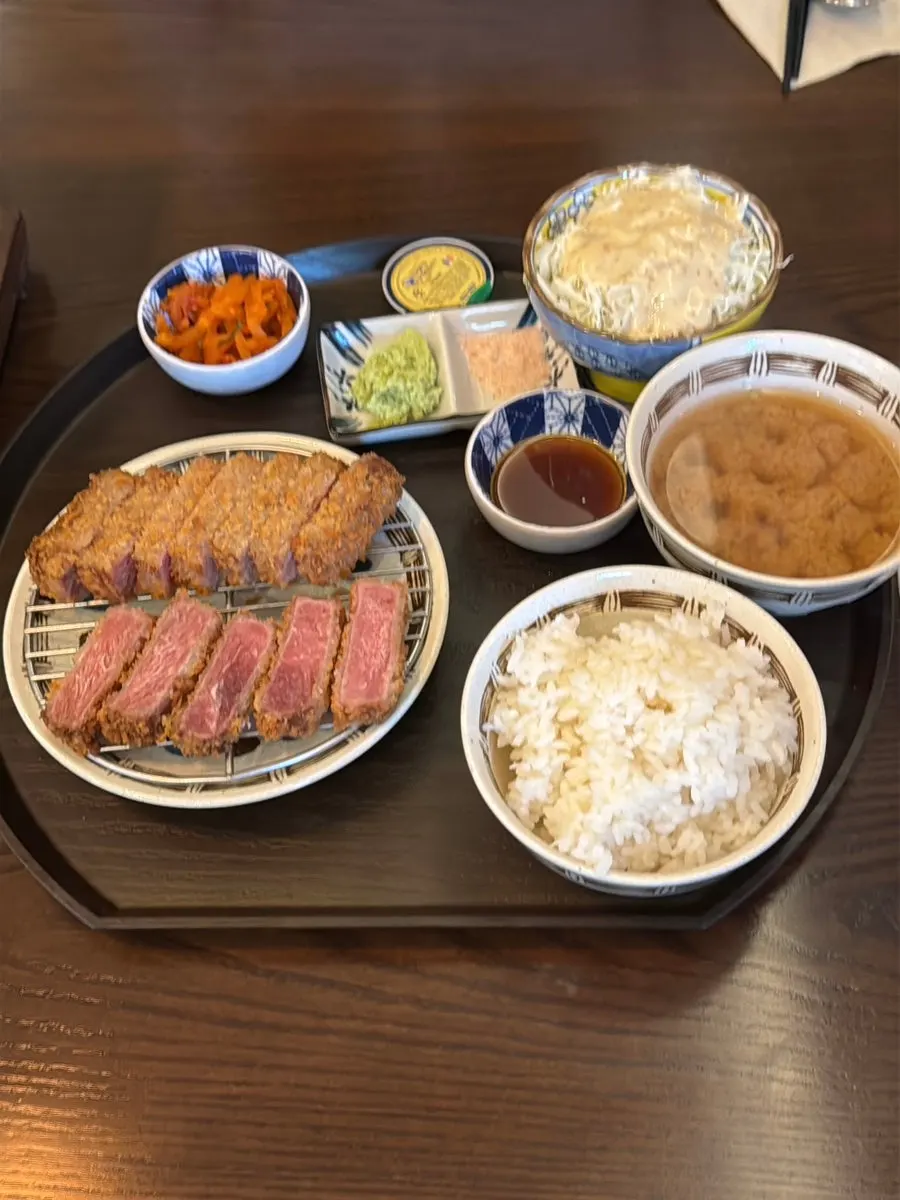 Gyukatsu and rice with teriyaki sauce and wasabi
