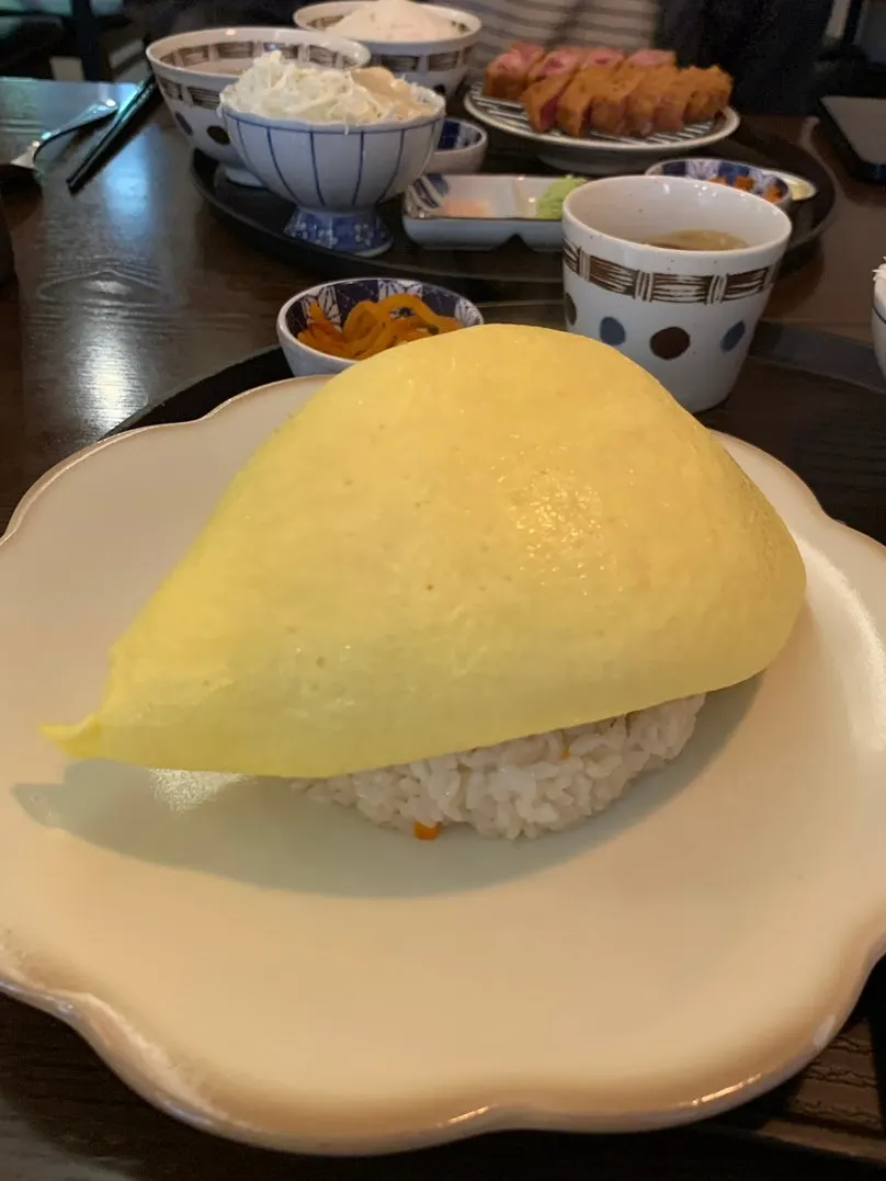 Hamburg omurice topped with an egg blanket