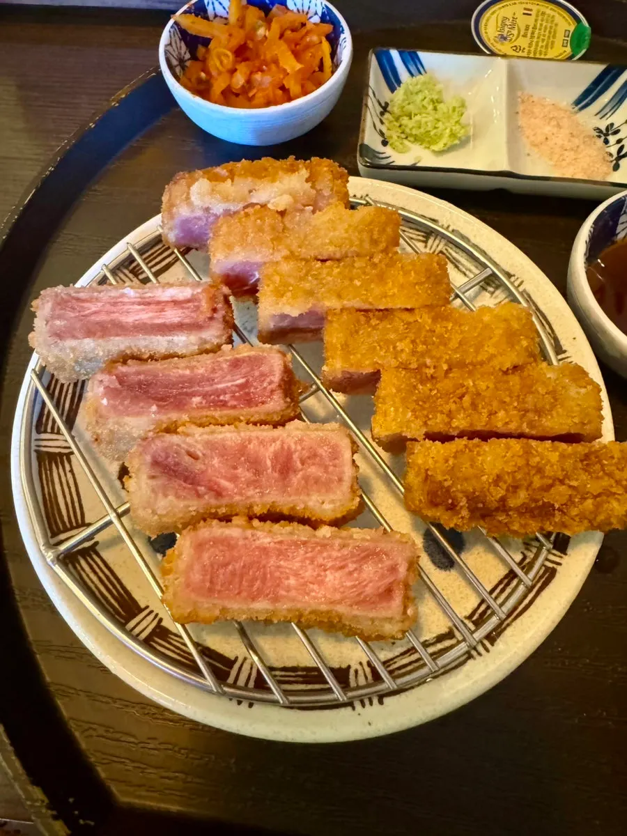 Plate of tenderloin gyukatsu showing the cross-section