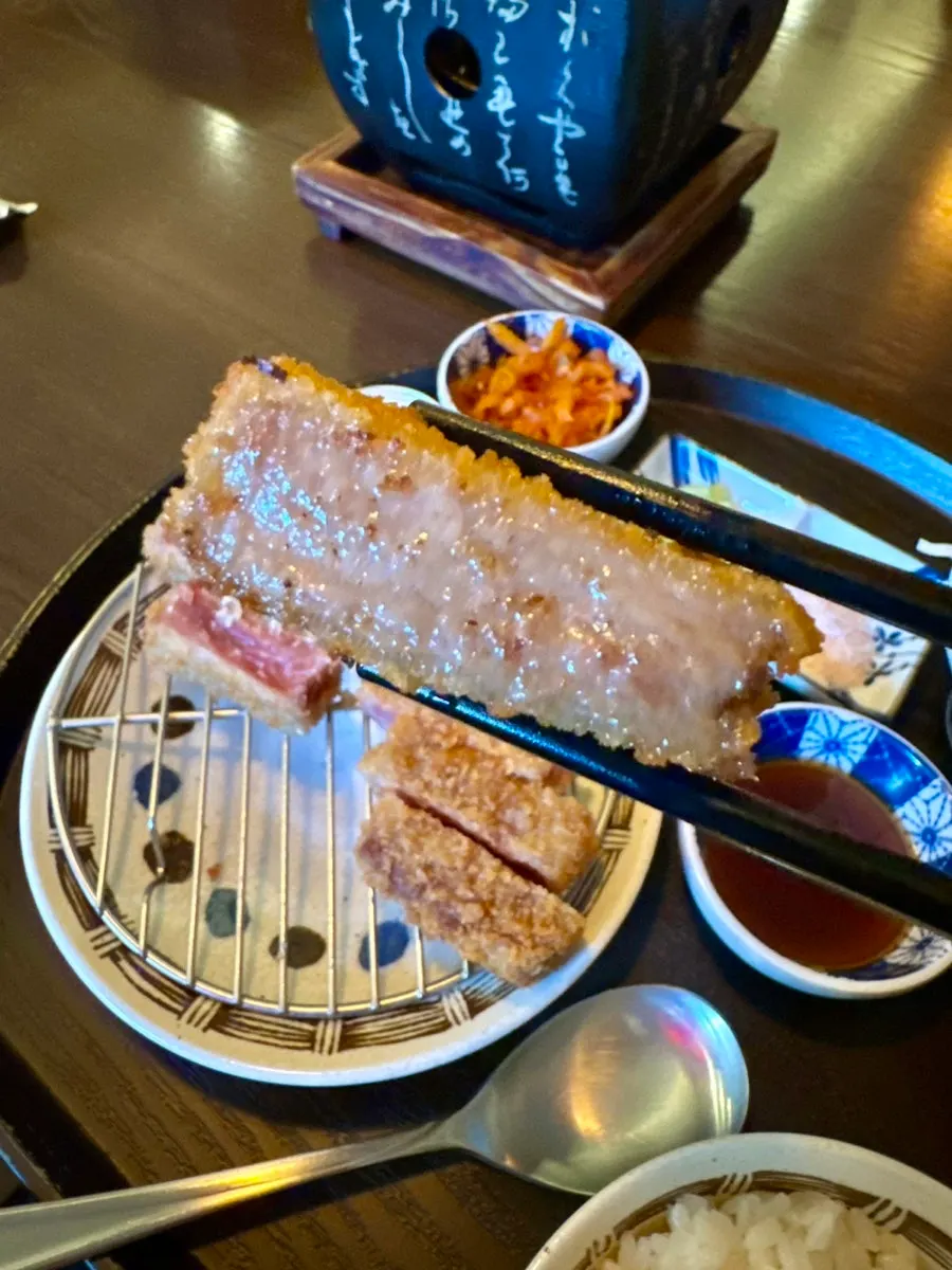 Cross-section of tenderloin gyukatsu showing ideal breading thickness