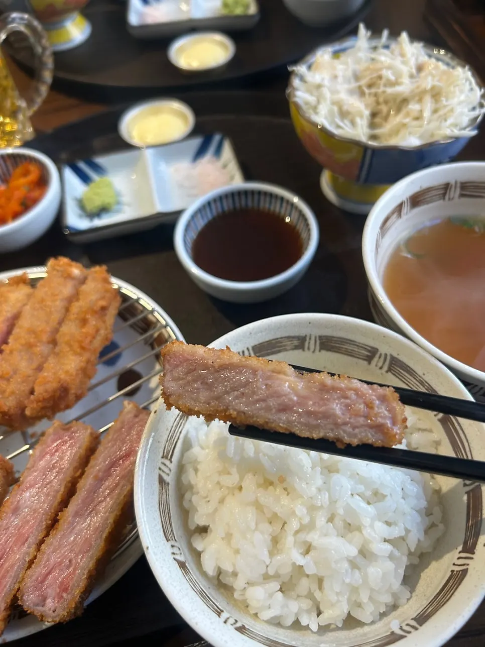 Close-up of a lightly grilled piece of gyukatsu