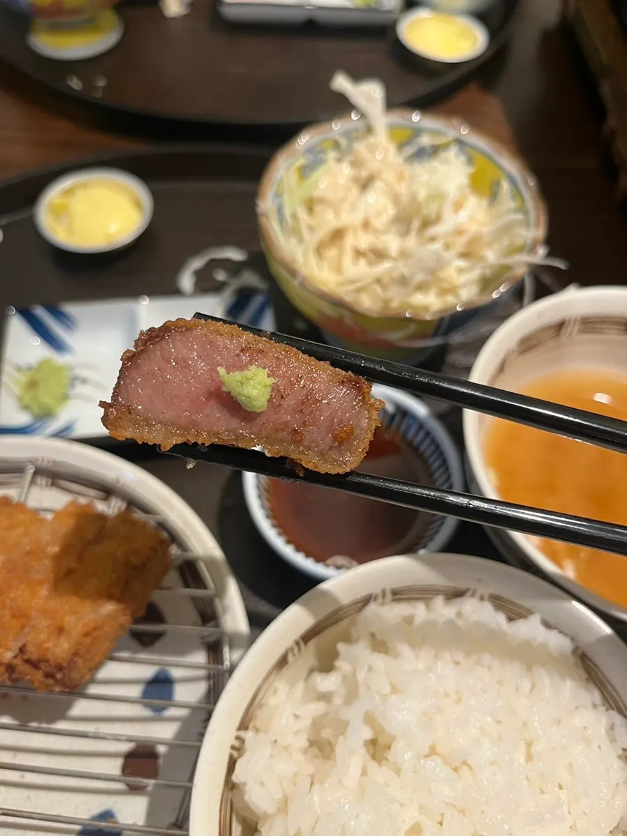 A golden-brown grilled piece of gyukatsu