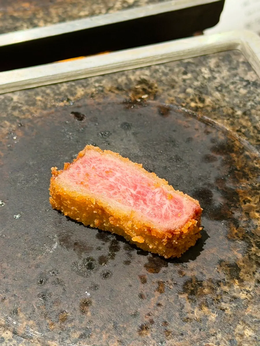 Tenderloin gyukatsu piece before dipping in salt